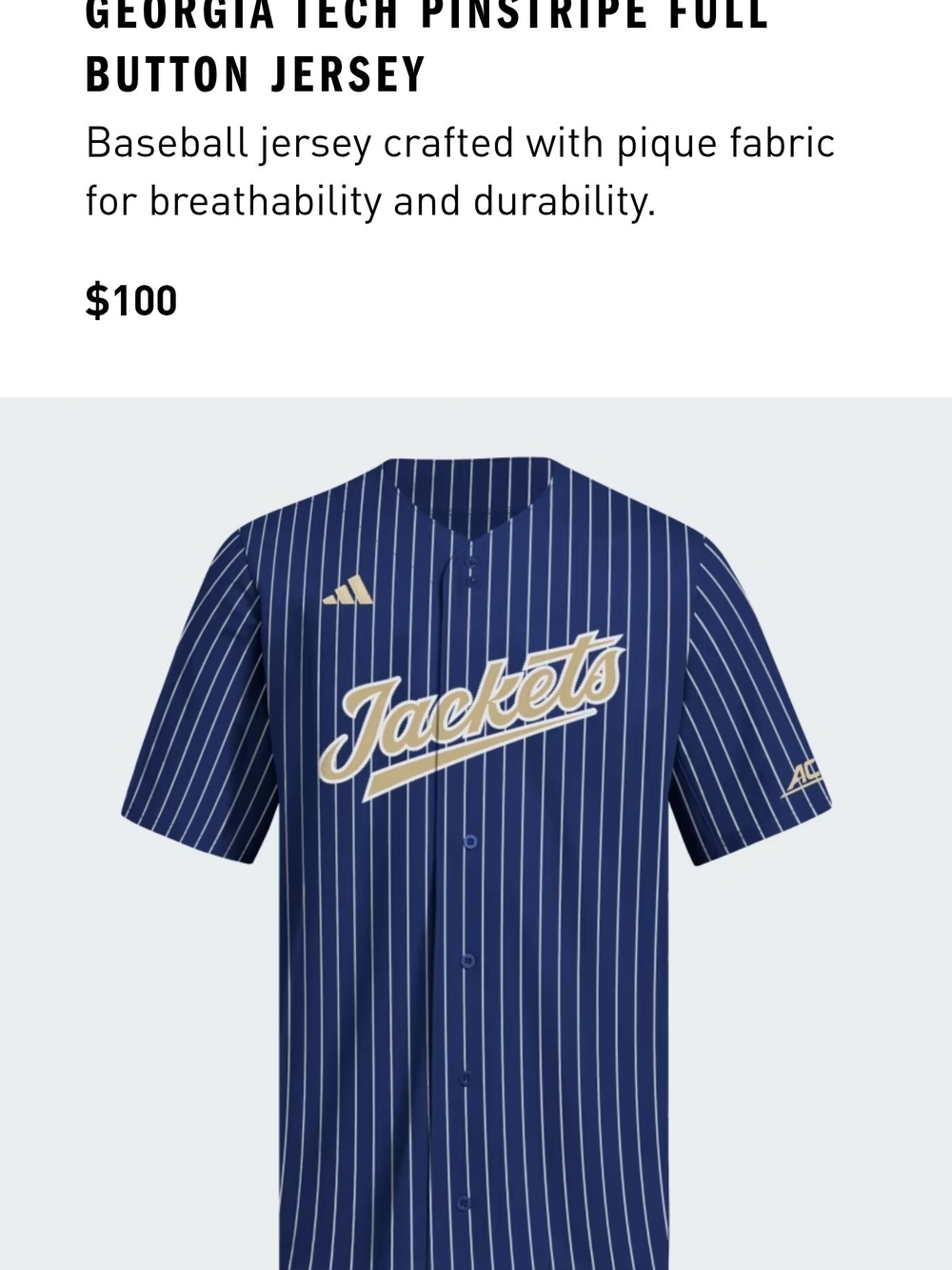 NEW Adidas GA TECH YellowJackets Navy Pinstripe Baseball Jersey